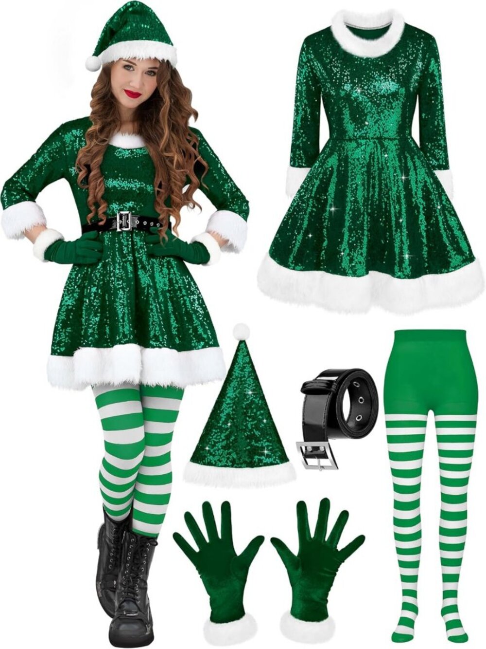 Festive Red Velvet Santa Costume Dress with Sequin Details, Belt, Hat & Tights